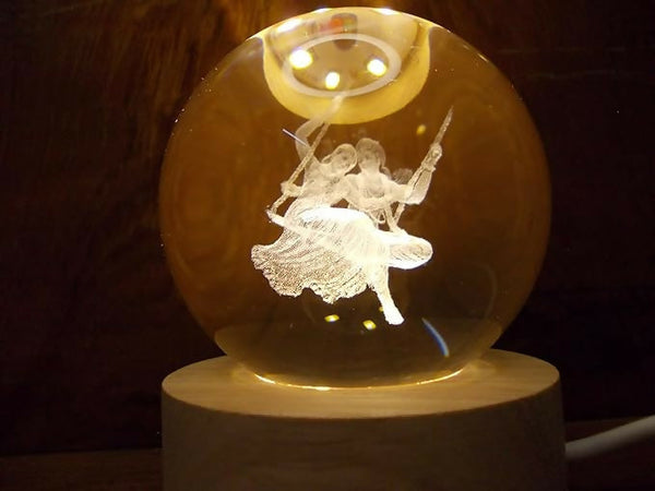 3D Engraved Crystal Ball LED Night Lamp with Romantic Couple on Swing