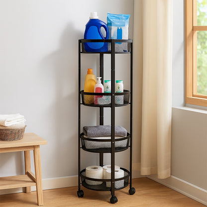 4-Layer Round Metal Folding Storage Trolley with Mesh Baskets and Wheels – Multi-Purpose Organizer Rack (1 Pc)
