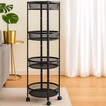 4-Layer Round Metal Folding Storage Trolley with Mesh Baskets and Wheels – Multi-Purpose Organizer Rack (1 Pc)
