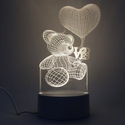 3D Illusion LED Night Lamp with Teddy Bear Holding Heart Design