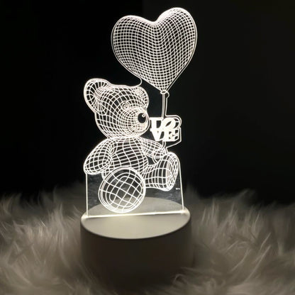 3D Illusion LED Night Lamp with Teddy Bear Holding Heart Design