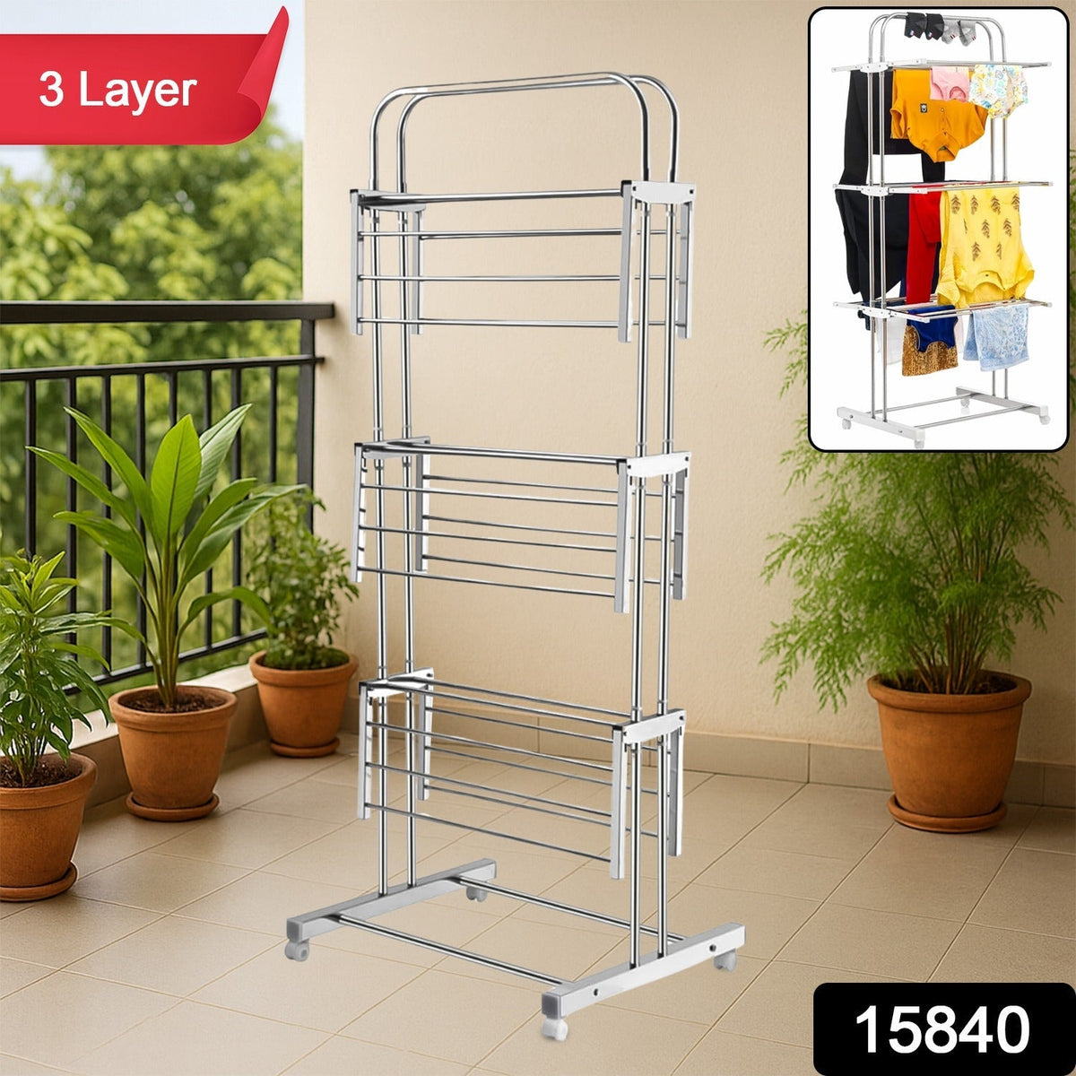 3 Layer Foldable Stainless Steel Cloth Drying Stand with Wheels
