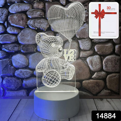 3D Illusion LED Night Lamp with Teddy Bear Holding Heart Design