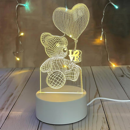 3D Illusion LED Night Lamp with Teddy Bear Holding Heart Design