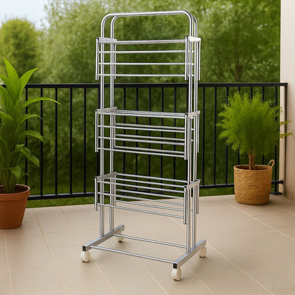 3 Layer Foldable Stainless Steel Cloth Drying Stand with Wheels