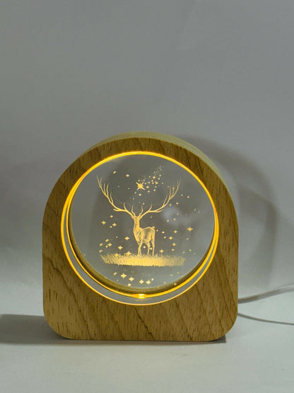 3D Deer in Forest Scene Crystal Glass LED Night Lamp with Wooden Frame