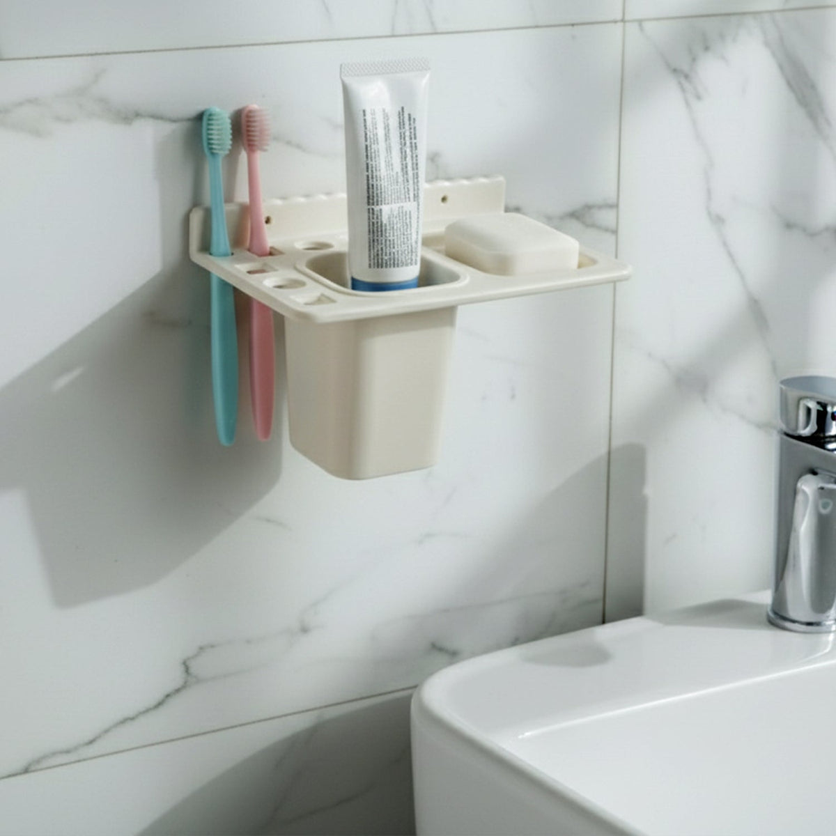 3in1 Wall Mounted Multi-Compartment Toothbrush & Soap Holder with Cup (1 Pc)