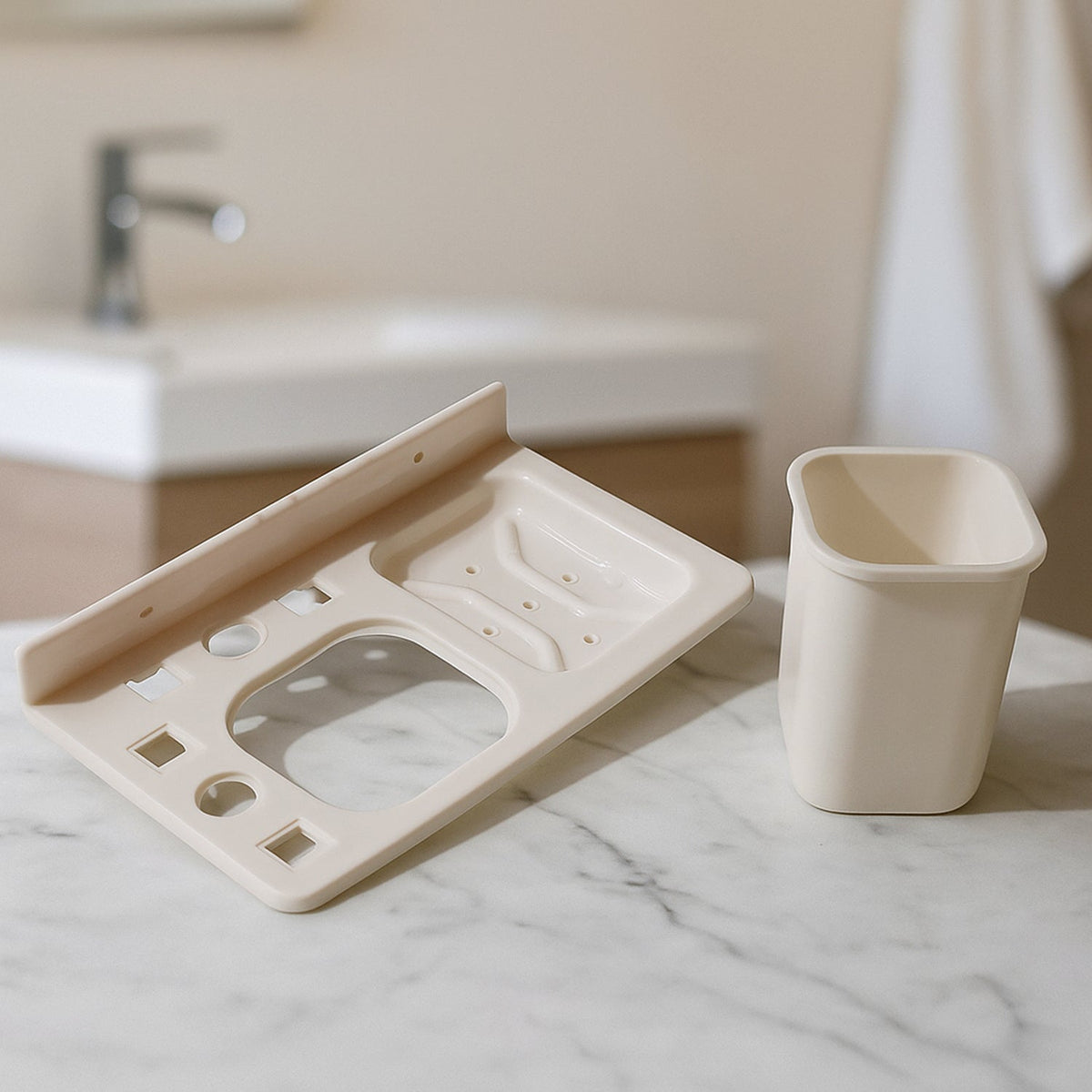 3in1 Wall Mounted Multi-Compartment Toothbrush & Soap Holder with Cup (1 Pc)