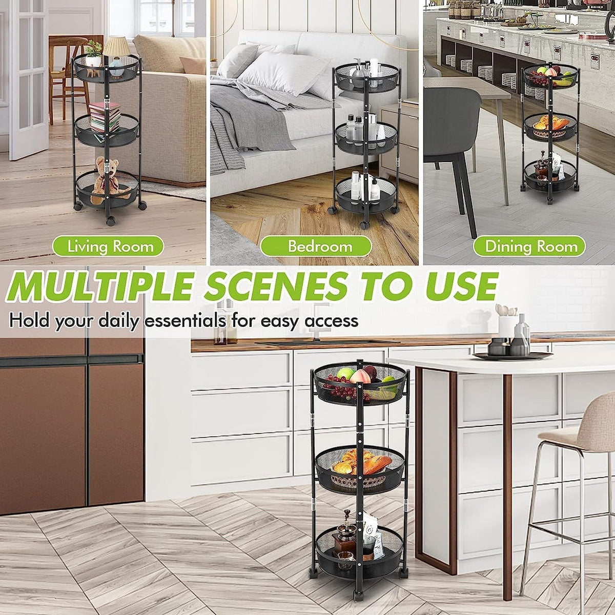 3-Layer Round Metal Mesh Utility Storage Trolley with Wheels