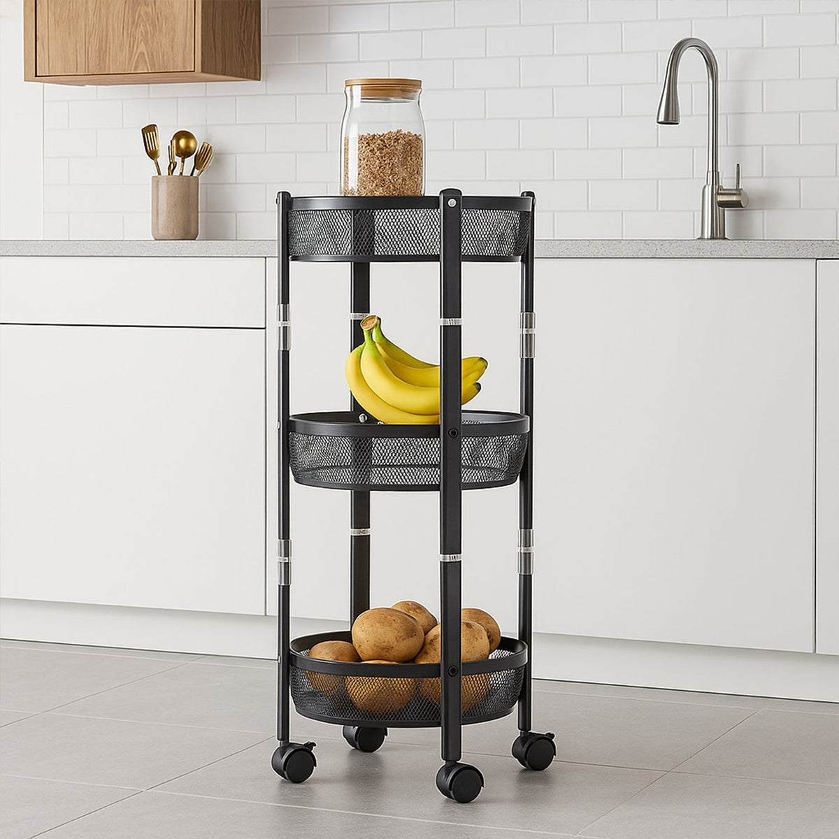 3-Layer Round Metal Mesh Utility Storage Trolley with Wheels